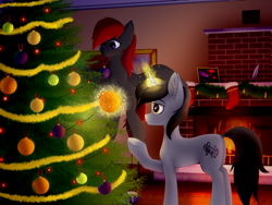 Size: 4000x3000 | Tagged: safe, artist:colourwave, oc, oc only, oc:darius, oc:rosetta hask, pegasus, pony, unicorn, christmas, christmas lights, christmas tree, commission, feather, female, fire, fireplace, holiday, horn, male, pegasus oc, tree, unicorn oc, wings