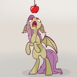 Size: 2048x2048 | Tagged: safe, artist:pfeffaroo, fluttershy, bat pony, pony, g4, apple, bat ponified, bat wings, beige background, drool, fangs, female, floppy ears, flutterbat, food, gradient background, high res, looking at something, looking up, mare, nose in the air, open mouth, race swap, reaching, rearing, red eyes, simple background, solo, spread wings, standing, three quarter view, want, wings