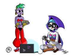 Size: 1600x1200 | Tagged: safe, artist:littletigressda, artist:pony4koma, raven, spike, genie, equestria girls, g4, belly button, belly dancer, belly dancer outfit, clothes, collaboration, computer, controller, cosplay, costume, crossdressing, crossed legs, crossover, cute, duo, female, food, glasses, gold, human spike, jewelry, laptop computer, male, older, older spike, ravenbetes, secretary, shantae, shantae (character), ship:ravenspike, shipping, simple background, sitting, sky (shantae), spikabetes, straight, stupid sexy spike, transparent background, video game