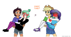 Size: 956x504 | Tagged: safe, artist:crydius, applejack, rarity, human, humanoid, equestria girls, g4, spoiler:the owl house, amity blight, blushing, blushing profusely, canon ship, dyed hair, female, lesbian, lumity, luz noceda (the owl house), ship:rarijack, shipping, simple background, spoilers for another series, the owl house, transparent background, witch