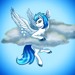Size: 1920x1920 | Tagged: safe, artist:asumi, oc, oc only, oc:icy river, pegasus, pony, blue background, blue eyes, blue tail, cloud, large wings, simple background, solo, white pony, wings