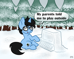 Size: 1280x1024 | Tagged: safe, artist:sabrib, oc, oc only, oc:tinker doo, pony, unicorn, colt, computer, cute, dialogue, forest, glasses, looking at you, male, misunderstanding, silly, silly pony, sitting, snow, solo, speech bubble, talking to viewer, tree