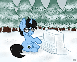 Size: 1280x1024 | Tagged: safe, artist:sabrib, oc, oc only, oc:tinker doo, pony, colt, computer, forest, male, silly, silly pony, snow, solo, tree