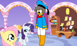 Size: 1152x693 | Tagged: safe, artist:haileykitty69, fluttershy, rarity, human, pegasus, pony, unicorn, g4, adoramour, blushing, bowtie, carousel boutique, clothes, crossover, crush, cute, donald duck, female, fluttermour, grin, hat, lidded eyes, male, mare, principal skinner, raised hoof, raised leg, raribetes, sailor hat, sailor uniform, sewing machine, seymour skinner, shipping, shyabetes, smiling, straight, the simpsons, uniform, yarn