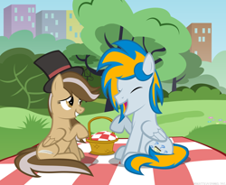 Size: 3024x2480 | Tagged: safe, artist:ace play, oc, oc only, pegasus, pony, basket, female, hat, high res, male, manehattan, mare, park, picnic, picnic basket, picnic blanket, show accurate, stallion, top hat, vector