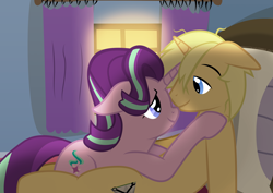 Size: 3508x2480 | Tagged: safe, artist:ace play, starlight glimmer, oc, oc:sunlight bolt, pony, unicorn, g4, bed, bedroom, canon x oc, female, glimmbolt, high res, lidded eyes, looking at each other, male, pillow, shipping, show accurate, straight, vector