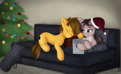 Size: 3676x2248 | Tagged: safe, artist:qbellas, oc, oc only, pony, christmas, christmas tree, couch, duo, hat, high res, holiday, santa hat, tablet, tree