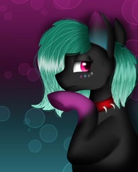 Size: 1080x1341 | Tagged: safe, artist:rxndxm.artist, oc, oc only, earth pony, pony, abstract background, bust, choker, coat markings, earth pony oc, socks (coat markings), solo, spiked choker