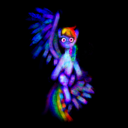 Size: 2048x2048 | Tagged: safe, artist:gangrene, derpibooru exclusive, rainbow dash, pegasus, pony, g4, black background, chromatic aberration, female, flying, high res, mare, simple background, solo