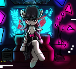 Size: 1007x913 | Tagged: safe, artist:mjsw, octavia melody, earth pony, pony, g4, alcohol, augmented, clothes, cyberpunk, female, glass, hologram, mare, neon, piercing, sketch, smoking, solo, tattoo, wine