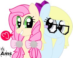 Size: 900x720 | Tagged: safe, artist:amgiwolf, oc, earth pony, pony, bow, duo, earth pony oc, eyelashes, glasses, grin, hair bow, heart, pictogram, simple background, smiling, transparent background