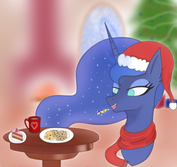 Size: 900x850 | Tagged: safe, artist:krymak, princess luna, pony, g4, cake, christmas, christmas tree, clothes, cookie, food, hat, holiday, mug, santa hat, scarf, solo, tree