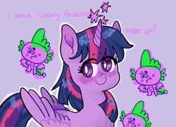 Size: 2048x1479 | Tagged: safe, artist:alexbeeza, spike, twilight sparkle, alicorn, dragon, pony, g4, :i, >:|, cute, female, male, mare, purple background, simple background, twiabetes, twilight sparkle (alicorn), winged spike, wings