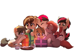Size: 3000x2000 | Tagged: safe, artist:freeedon, oc, oc only, oc:allegro dolce, oc:dawnsong, oc:neris, oc:redwood, oc:siren, oc:solaria, bat pony, earth pony, pony, unicorn, christmas, cuddling, eye clipping through hair, eyes closed, female, glasses, group, high res, holiday, hug, mare, mouth hold, open mouth, present, simple background, smiling, transparent background
