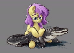 Size: 2426x1749 | Tagged: safe, artist:rigbyh00ves, fluttershy, alligator, pony, g4, brown background, female, high res, looking at someone, looking down, mare, pet, petting, simple background, sitting, smiling, solo