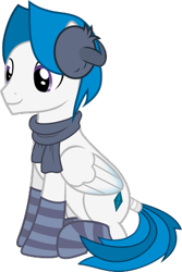 Size: 288x430 | Tagged: safe, artist:frownfactory, oc, oc only, oc:stratagem, pegasus, pony, 2021 community collab, derpibooru community collaboration, blue mane, blue tail, clothes, earmuffs, male, pegasus oc, purple eyes, scarf, simple background, sitting, socks, solo, stallion, striped socks, tail wrap, transparent background, vector, wings