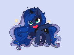 Size: 3000x2244 | Tagged: safe, artist:yomechka, princess luna, alicorn, pony, g4, :3, blue background, christmas, christmas lights, cute, ear fluff, female, heart, high res, holiday, lunabetes, mouth hold, simple background, solo, stars