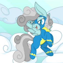 Size: 1500x1500 | Tagged: safe, artist:jane-ander, oc, oc only, oc:heavy rain, pegasus, pony, fanfic:to be a wonderbolt, blue eyes, clothes, cloudy mane, commissioner:genki, cover art, cumulonimbus mane, fanfic art, fanfic character, female, mare, pegasus oc, smiling, solo, swirly mane, uniform, weather control pegasi, wings, wonderbolts, wonderbolts uniform