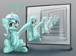 Size: 3205x2354 | Tagged: safe, artist:xbi edits, edit, lyra heartstrings, pony, unicorn, g4, dialogue, droste effect, female, glasses, gradient background, high res, inception, jpg, looking at you, mare, recursion, sitting, whiteboard