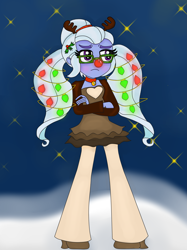 Size: 2447x3264 | Tagged: safe, artist:blazingdazzlingdusk, edit, sugarcoat, equestria girls, g4, animal costume, antlers, blushing, christmas, christmas lights, clothes, costume, cropped, crossed arms, cute, high res, holiday, reindeer antlers, reindeer costume, rudolph nose, rudolph the red nosed reindeer, solo, sugarcute, unamused