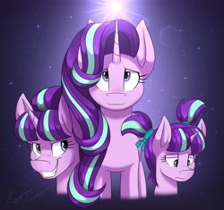 Size: 3300x3100 | Tagged: safe, artist:kaylerustone, starlight glimmer, pony, unicorn, age progression, bust, evil grin, female, filly, filly starlight glimmer, gradient background, grin, high res, looking down, looking up, mare, pigtails, redraw, s5 starlight, sad, smiling, solo, stars, through the years, younger
