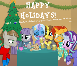 Size: 3182x2696 | Tagged: safe, artist:grapefruitface1, maud pie, mudbriar, starlight glimmer, sunburst, trixie, oc, oc:grapefruit face, pony, g4, base used, blushing, candy, candy cane, canon x oc, christmas, christmas tree, clothes, cup, drunk, eyes closed, female, food, grapexie, group, happy, hearth's warming eve, high res, holiday, implied drinking, magic, magic aura, male, party, pie, plate, ponies wearing clothing, ship:maudbriar, ship:starburst, shipping, shirt, show accurate, straight, table, teacup, tinsel, tree