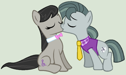 Size: 758x449 | Tagged: safe, artist:jadeharmony, artist:ukulelemoon, octavia melody, octavio pie, earth pony, pony, g4, g4.5, my little pony: pony life, base used, bowtie, clothes, double octavi, duo, eyes closed, female, g4.5 to g4, gray background, kiss on the lips, kissing, male, mare, necktie, shipping, shirt, simple background, sitting, stallion, straight, taviception, vest