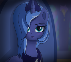 Size: 1500x1312 | Tagged: source needed, safe, artist:undisputed, princess luna, alicorn, pony, fanfic:golden reign, g4, blushing, fanfic, fanfic art, female, glare, mare, offscreen character, offscreen human, solo, staring at you, throne, throne room, unamused, young luna