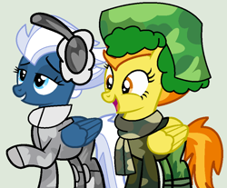 Size: 858x711 | Tagged: safe, artist:jadeharmony, artist:n0va-bases, night glider, spitfire, pegasus, pony, g4, anna sztejner, base used, boots, camouflage, clothes, duo, earmuffs, female, gray background, grin, hat, jacket, mare, open mouth, pants, polish, raised hoof, scarf, shoes, show accurate, simple background, smiling, sweater, ushanka, voice actor joke, winter outfit