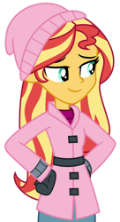 Size: 1024x1878 | Tagged: safe, artist:emeraldblast63, sunset shimmer, equestria girls, g4, beanie, clothes, coat, cute, hat, simple background, snow, solo, transparent background, winter