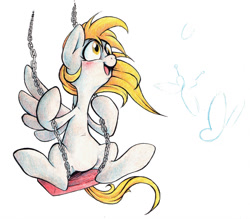 Size: 1372x1204 | Tagged: safe, artist:sony-shock, derpy hooves, butterfly, pegasus, pony, g4, blushing, happy, looking up, solo, swing, swinging