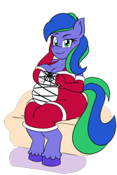 Size: 2160x3240 | Tagged: safe, artist:sonicguru, oc, oc only, oc:felicity stars, anthro, unguligrade anthro, belly, breasts, christmas, christmas outfit, fat, high res, holiday, simple background, sitting, solo, transparent background