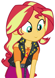 Size: 1941x2763 | Tagged: safe, artist:sketchmcreations, sunset shimmer, equestria girls, equestria girls series, holidays unwrapped, saving pinkie's pie, spoiler:eqg series (season 2), c:, clothes, fascinated, female, geode of empathy, interested, jacket, leather jacket, looking at something, magical geodes, shoulderless, simple background, smiling, transparent background, vector