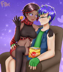 Size: 1750x2000 | Tagged: safe, artist:focusb, oc, oc:lotus moon, oc:saphirus, human, armchair, breasts, chair, chips, clothes, dark skin, food, glasses, gloves, humanized, kneesocks, loturus, scarf, socks