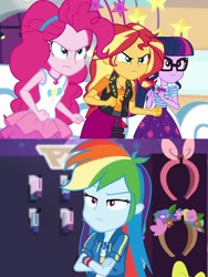 Size: 1717x2281 | Tagged: safe, edit, edited edit, screencap, pinkie pie, rainbow dash, sci-twi, sunset shimmer, twilight sparkle, dashing through the mall, equestria girls, equestria girls series, g4, holidays unwrapped, rollercoaster of friendship, spoiler:eqg series (season 2), angry, comparison, crossed arms, fight, geode of empathy, geode of sugar bombs, geode of super speed, geode of telekinesis, holidays unwrapped drama, magical geodes