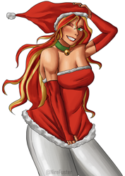 Size: 2480x3508 | Tagged: safe, artist:nire, sunset shimmer, human, g4, bell, bell collar, blushing, breasts, christmas, christmas outfit, cleavage, clothes, collar, dress, eyeshadow, female, hat, high res, holiday, humanized, lipstick, looking at you, makeup, one eye closed, santa hat, smiling at you, solo, stupid sexy sunset shimmer, tanned, tights, wink, winking at you