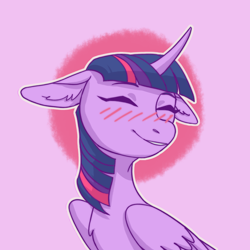 Size: 1800x1800 | Tagged: safe, artist:viceake, twilight sparkle, alicorn, pony, g4, blushing, bust, female, floppy ears, mare, pink background, portrait, simple background, solo, twilight sparkle (alicorn), wings