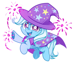 Size: 1000x850 | Tagged: safe, artist:yokokinawa, trixie, pony, unicorn, g4, cape, chibi, clothes, cute, diatrixes, fireworks, hat, heart, looking at you, open mouth, simple background, smiling, solo, trixie's cape, trixie's hat, white background, white pupils