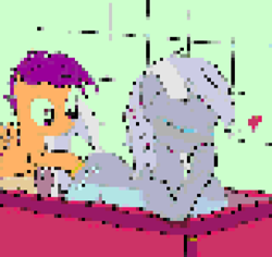 Size: 512x483 | Tagged: safe, artist:pacmanplayz, edit, scootaloo, silver spoon, pegasus, pony, g4, 1000 hours in ms paint, female, pixelated