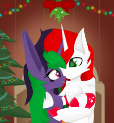 Size: 3000x3263 | Tagged: safe, artist:toxinagraphica, oc, oc only, alicorn, pony, unicorn, alicorn oc, big ears, bipedal, bow, christmas, christmas tree, clothes, duo, fangs, female, fireplace, fluffy, garland, glowing eyes, heart, heart eyes, high res, holiday, horn, hug, impossibly large ears, looking at each other, love, male, mare, mistletoe, new year, oc x oc, open mouth, open smile, shipping, smiling, smiling at each other, socks, stallion, stars, straight, striped socks, tree, unicorn oc, wingding eyes, wings, wreath