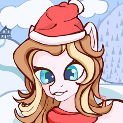 Size: 3000x3000 | Tagged: safe, artist:umbrapone, oc, oc only, oc:caramel crunch, earth pony, pony, cel shading, christmas, clothes, cute, earth pony oc, female, happy, hat, high res, holiday, looking at you, mare, scarf, shading, snow, solo