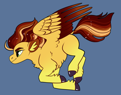 Size: 2800x2200 | Tagged: safe, artist:loryska, oc, oc only, pegasus, pony, blue background, high res, magical lesbian spawn, male, offspring, parent:spitfire, parent:sunset shimmer, simple background, solo, stallion