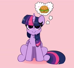 Size: 3724x3415 | Tagged: safe, artist:kittyrosie, twilight sparkle, alicorn, pony, g4, blushing, burger, cute, female, folded wings, food, hay burger, heart, high res, mare, pink background, simple background, sitting, smiling, solo, sparkly eyes, that pony sure does love burgers, thinking, thought bubble, twiabetes, twilight burgkle, twilight sparkle (alicorn), wingding eyes, wings