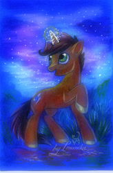 Size: 496x755 | Tagged: safe, artist:imanika, oc, oc only, pony, unicorn, 2012, cutie mark, glowing horn, hooves, horn, magic, male, open mouth, raised hoof, solo, stallion, tail, traditional art