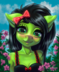 Size: 1280x1536 | Tagged: safe, artist:lady44miyu, oc, oc only, oc:emerald blade, earth pony, anthro, blushing, bow, breasts, bust, clothes, digital art, dress, eyelashes, female, looking at you, solo