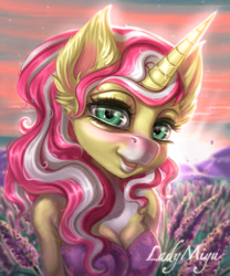 Size: 1280x1537 | Tagged: safe, artist:lady44miyu, oc, oc only, oc:lemoncakes, earth pony, unicorn, anthro, blushing, breasts, bust, clothes, digital art, dress, eyelashes, female, horn, looking at you, solo