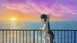 Size: 3840x2160 | Tagged: safe, artist:astralr, octavia melody, earth pony, pony, g4, cloud, female, high res, looking at you, mare, ocean, railing, sky, solo, sunset