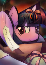 Size: 1280x1814 | Tagged: safe, artist:albertac, twilight sparkle, pony, unicorn, g4, bow, christmas, female, filly, filly twilight sparkle, happy hearth's warming, holiday, merry christmas, solo, unicorn twilight, younger