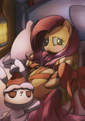 Size: 1280x1814 | Tagged: safe, artist:albertac, angel bunny, fluttershy, pegasus, pony, rabbit, g4, animal, bed, blushing, bow, butt, christmas, cute, duo, female, flutterbutt, gift wrapped, hat, holiday, looking at you, male, mare, presenting, santa hat, shyabetes