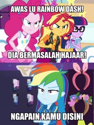 Size: 1717x2281 | Tagged: safe, edit, edited screencap, screencap, pinkie pie, rainbow dash, sci-twi, sunset shimmer, twilight sparkle, dashing through the mall, equestria girls, equestria girls specials, g4, my little pony equestria girls: better together, my little pony equestria girls: holidays unwrapped, my little pony equestria girls: rollercoaster of friendship, angry, caption, comparison, female, fight, geode of empathy, geode of sugar bombs, geode of super speed, geode of telekinesis, image macro, indonesian, magical geodes, meme, pinkie pie is not amused, rainbow dash is not amused, sunset shimmer is not amused, text, translated in the comments, twilight sparkle is not amused, unamused
